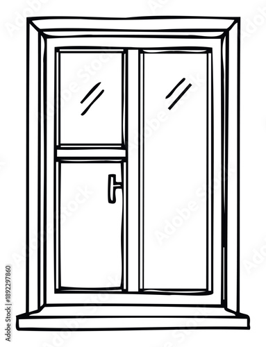 Simple hand drawn window frame sketch with multiple glass panes and a handle, ideal for architectural concepts, home renovation projects, and property development presentations.