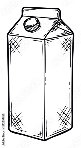 Simple black and white line drawing of a beverage carton with a cap, perfect for food packaging concepts, dairy product branding, or drink menu visuals.