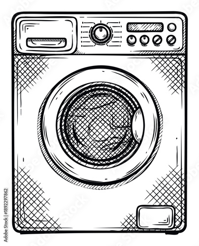 Stylized black and white drawing of a modern front loading washing machine ideal for illustrating household chores laundry day concepts and home appliance maintenance guides