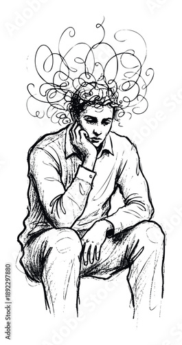 A pensive young man grapples with tangled thoughts and mental stress, suitable for content addressing psychological challenges and emotional wellbeing.