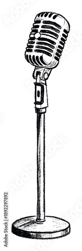 Classic vocal microphone on a stand in a distressed sketch style perfect for music industry events audio recording podcasting or entertainment show branding
