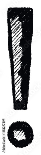 Bold distressed exclamation mark with grunge texture and rough edges for urgent messaging, attention grabbing warnings, or graphic design projects