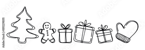Hand drawn festive Christmas doodle collection featuring a tree gingerbread man gift boxes and a cozy mitten perfect for holiday greetings party invitations or seasonal graphic projects