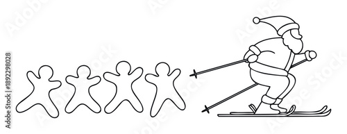 Festive Santa Claus enjoying winter sports on skis with a playful line of gingerbread cookie figures, perfect for Christmas holiday themes and cheerful seasonal promotions.