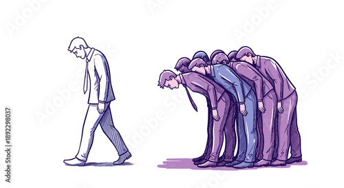 A lone man walks away from a bowing crowd, symbolizing individuality, nonconformity, and breaking free from societal pressures and groupthink.
