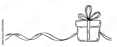 Black outline drawing of a gift box tied with a decorative ribbon and bow perfect for conveying a sense of celebration for parties, holidays, and special event announcements.