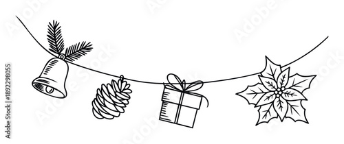 Festive holiday garland with seasonal Christmas ornaments including a bell, pine cone, gift box, and poinsettia flower, perfect for winter season greeting graphics