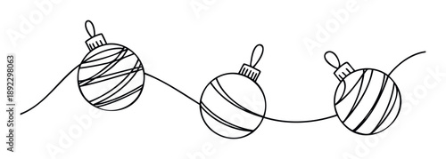 Simple linear garland featuring three decorative holiday baubles on a wavy string suitable for seasonal greetings festive banners and winter promotional material
