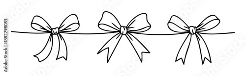 Hand drawn black outline bows tied on a horizontal line create a festive doodle decoration for celebrations, gift wrapping, banners, or greeting compositions.