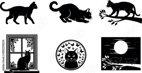 Black cat silhouettes and illustration set featuring walking, hunting, tree climbing cats, window scene, moon night composition, elegant feline animal icons isolated on white background