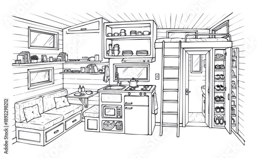 Detailed perspective view of a functional tiny home interior with a compact kitchen, comfortable living space, efficient loft bed, and smart storage, perfect for illustrating small living
