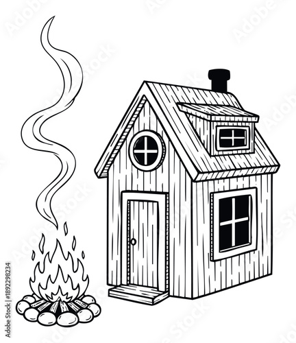 Rustic wooden cabin with a warm outdoor campfire and rising smoke, ideal for depicting a cozy nature retreat, wilderness adventures, or simple outdoor living concepts for various projects.