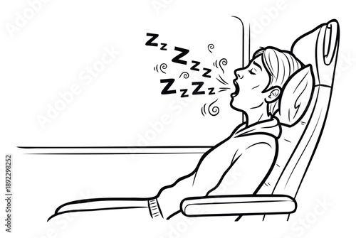 A tired person is deeply sleeping and snoring loudly in a reclined passenger seat during a long journey, perfect for conveying exhaustion or travel discomfort.