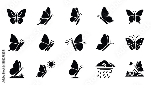 A collection of elegant butterfly silhouette icons in various flight poses and natural settings for use in spring themes, nature applications, web graphics, and decorative elements.