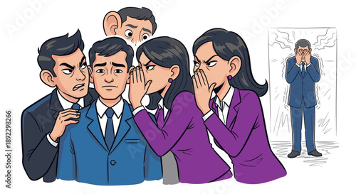 A distressed businessman faces intense workplace harassment from aggressive colleagues, illustrating the emotional pressure of a hostile workplace.