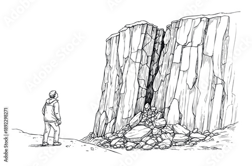 A lone male explorer stands before a massive crumbling rock cliff, observing the challenging natural formation and a pile of fallen boulders, suitable for projects about adventure,