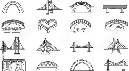 Bridge Line Icon Collection Featuring Arch Suspension Cable and Modern Bridge Designs Outline Engineering Infrastructure Illustration Set Isolated on White Background