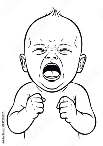 Black outline drawing of a crying baby with eyes squeezed shut and mouth open in a scream, perfect for pediatric articles, parenting guides, and emotional expression graphics.
