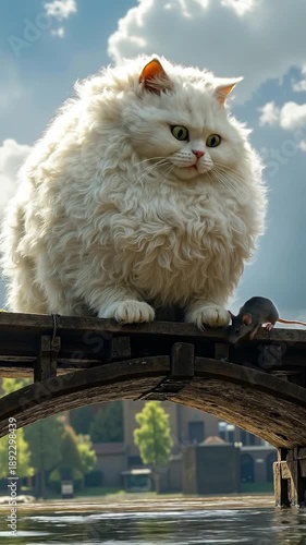 Wallpaper Mural A white cat sitting on top of a wooden bridge next to a fish Torontodigital.ca