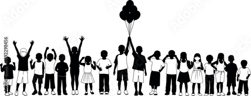 Children Silhouette Group Illustration Featuring Happy Kids Standing Together with Balloons Friendship Childhood Community Concept Isolated on White Background