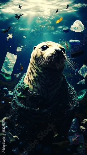 Wallpaper Mural A seal in a net surrounded by garbage in the ocean Torontodigital.ca