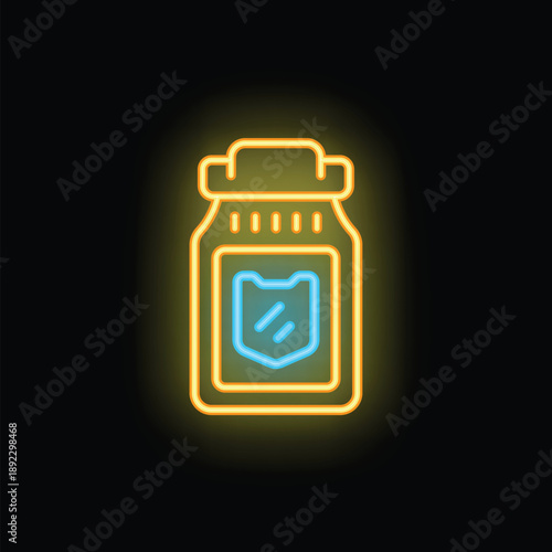 Glowing neon icon of a medicine bottle with a shield protecting its contents, conveying a sense of safety and security