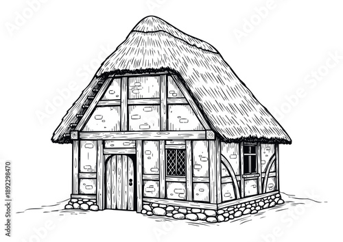 Detailed architectural line drawing of a rustic medieval timber frame house with a thatched roof and stone foundation, perfect for historical books, game assets, or educational materials.