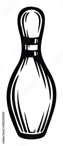A graphic bowling pin illustration features a bold black outline with internal striations perfect for sports event promotions arcade game flyers recreational activity advertisements or