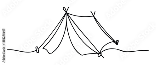 Continuous line drawing of a simple outdoor camping tent design symbolizing adventure and nature exploration for travel related presentations or website graphics