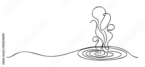Fluid abstract line drawing depicting subtle movement and emergence from water ripples, suitable for modern graphic design and minimalist branding projects.
