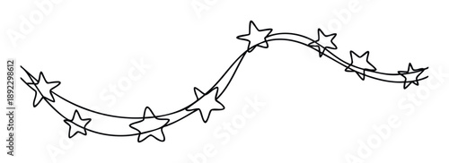 Simple black outline stars strung along a graceful wavy line forming a cheerful garland decoration suitable for festive occasions, holiday parties, and childrens event invitations