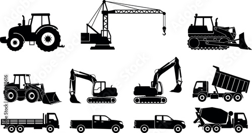 Construction machinery and transport silhouettes collection featuring tractor, crane, bulldozer, excavators, dump truck, concrete mixer, pickup and flatbed vehicles isolated on white background