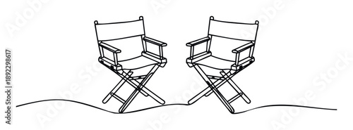 Continuous single line drawing of two classic director chairs, perfect for film industry projects, entertainment presentations, and movie business graphics
