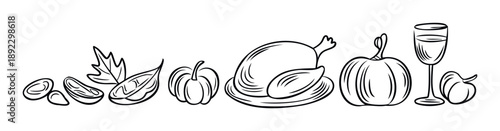 Collection of festive autumn harvest and Thanksgiving celebration elements featuring a succulent roasted turkey, various pumpkins, seasonal leaves, nuts, and a sophisticated wine glass for