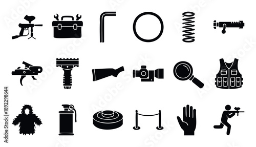 Comprehensive collection of paintball equipment, tactical gear, firearm parts, and related tools presented as simple silhouette icons, ideal for sports, safety, or hobbyist content design.