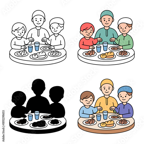 Family meal illustration: A diverse group shares a communal meal at a table, highlighting moments of togetherness and celebration. This illustration presents various style variations.