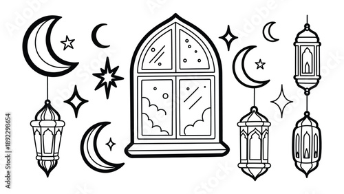Nighttime Elements: A collection of decorative elements depicting a serene nighttime scene with a window, crescent moons, stars, and lanterns.