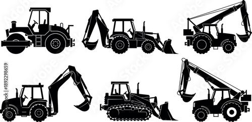Construction Equipment Silhouettes Set Featuring Road Roller Backhoe Loader Excavator Bulldozer and Crane Machines Heavy Industrial Vehicles Isolated on White Background