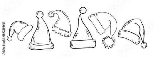 A festive collection of handdrawn Santa hats in various whimsical styles perfect for holiday greeting decorations, seasonal event invitations, and joyful Christmas projects.