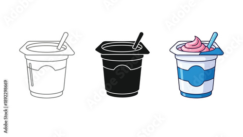 Set of three yogurt cups icons outline, solid black and colorful illustration with spoon
