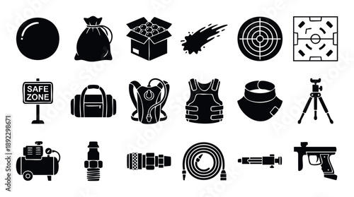Paintball game equipment and accessories icon set for extreme sport activity brochures, recreation websites, and gaming event promotions