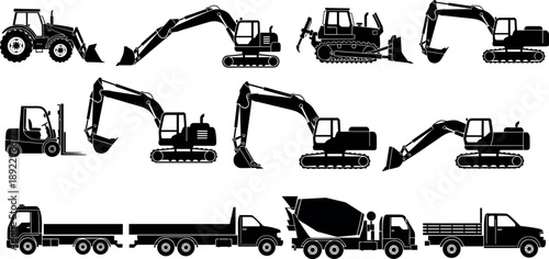 Construction machinery and transport vehicle silhouettes featuring , bulldozers, forklifts, concrete mixer trucks, flatbed trucks, heavy industrial equipment icons isolated on white background