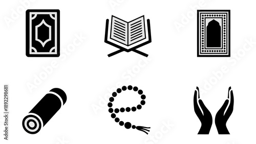 Islamic Symbols: A set of six iconic symbols representing key elements of Islam. Each symbol embodies reverence, faith, and devotion.