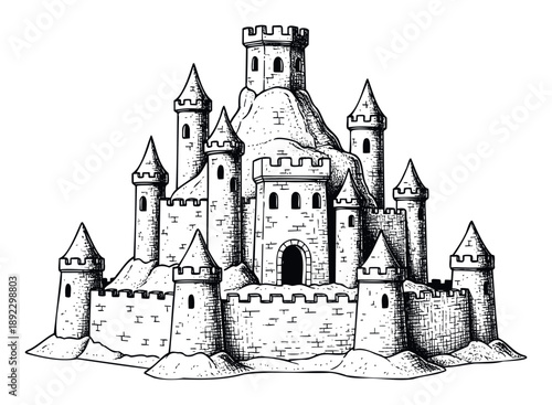 Detailed black ink sketch of a majestic medieval fortress featuring multiple towers and ramparts set on rugged terrain, ideal for historical publications or architectural studies