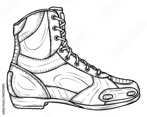 Dynamic outline drawing of a hightop athletic boot featuring detailed laces and robust construction, perfect for sportswear catalogs, fitness marketing, or graphic projects.