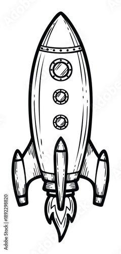 Black and white hand drawn rocket blasting off into space, symbolizing ambition, progress, and future achievements for educational, business, and entertainment purposes.