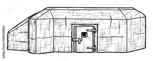 Hand sketched architectural drawing of a secure small building resembling a bunker or storage shed, suitable for depicting resilience, survival, or basic shelter solutions.