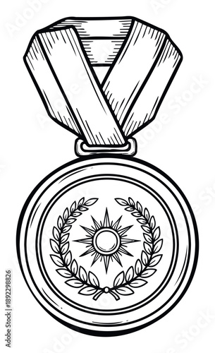 Classic monochrome line drawing of a prestigious award medal with a detailed ribbon and an ornate sunburst laurel wreath emblem, perfect for recognizing achievements, sports events,