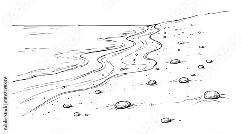 Hand drawn sketch depicting a calm ocean shoreline with gentle waves washing over scattered smooth stones and sandy beach perfect for nature themed publications or tranquil travel brochures