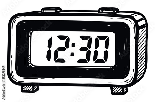 Hand drawn digital alarm clock displaying exactly twelve thirty, ideal for conveying concepts of time management, daily schedules, punctuality, and routine for graphic design projects and